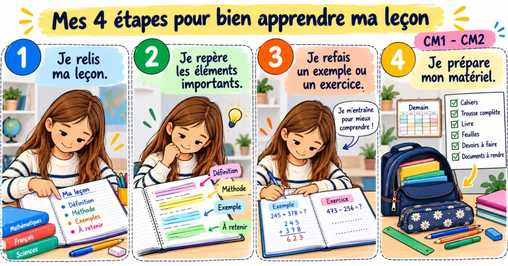 Illustration CM1-CM2 montrant quatre étapes pour apprendre une leçon : relire, repérer l’essentiel, refaire un exercice et préparer son matériel.