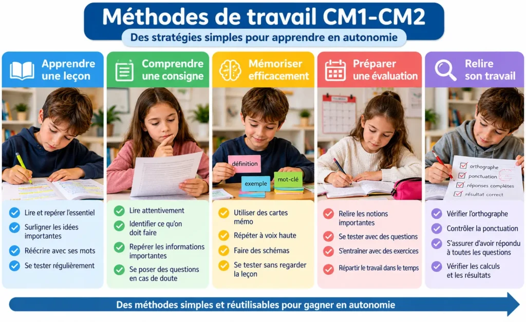 Illustration pédagogique des méthodes de travail CM1-CM2 pour apprendre une leçon, comprendre une consigne, mémoriser, préparer une évaluation et relire son travail