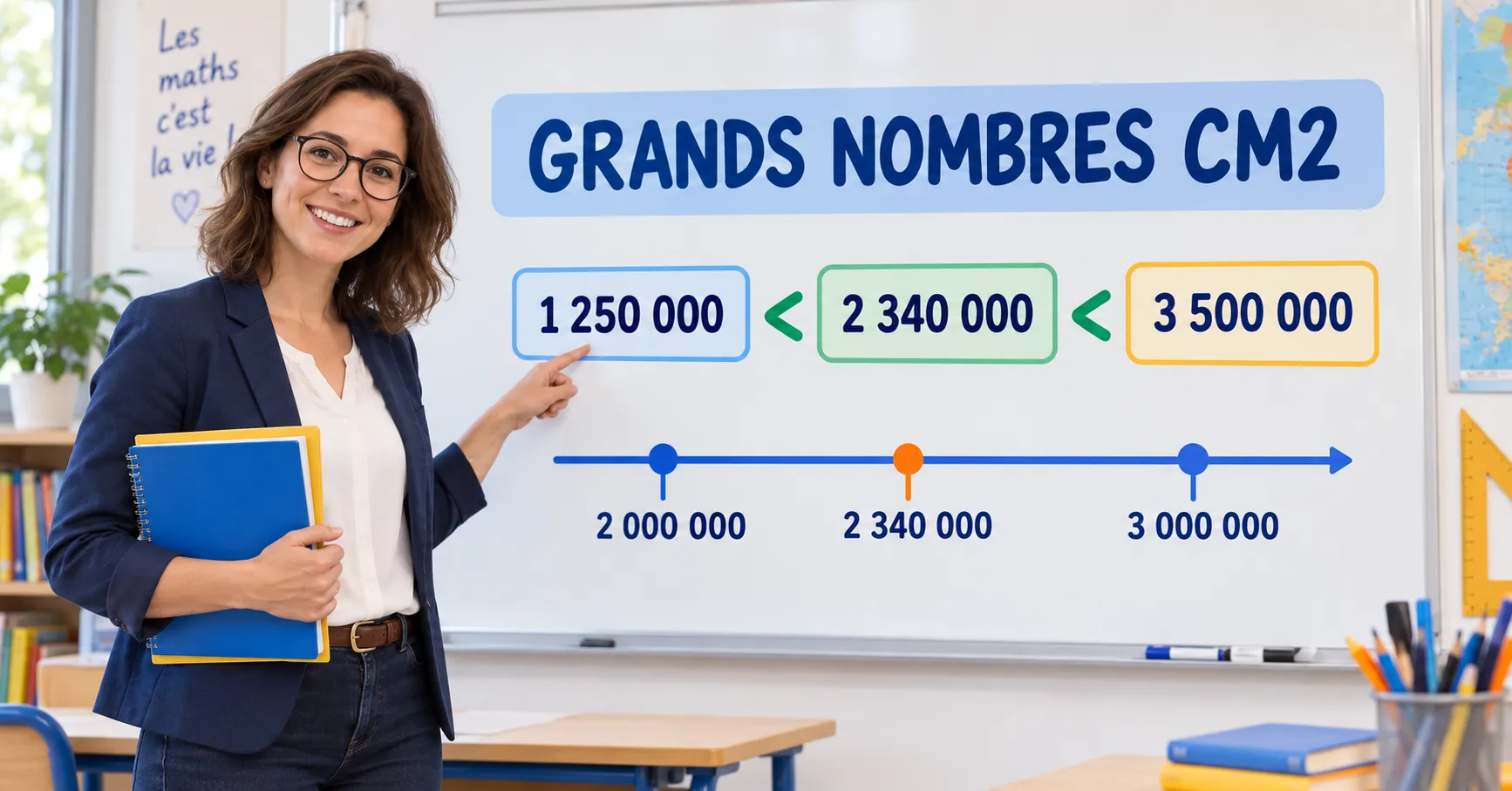 Enseignante expliquant comment comparer, ranger et encadrer les grands nombres au CM2
