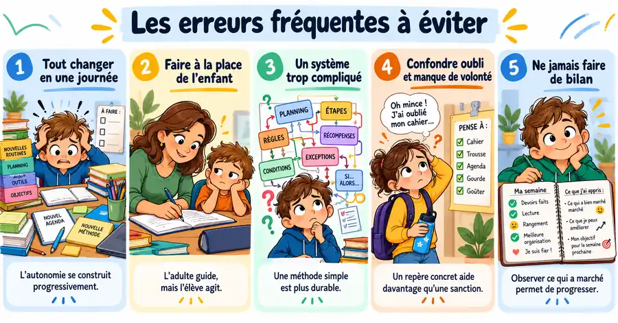 Caricature pédagogique présentant cinq erreurs fréquentes à éviter pour développer l’autonomie et la méthodologie scolaire en CM1-CM2