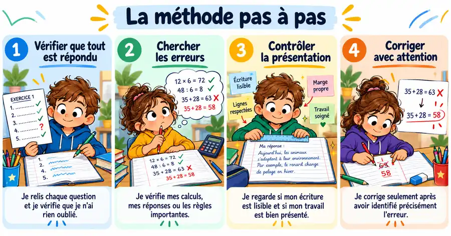 Méthode en quatre étapes pour apprendre à relire et corriger son travail au CM1-CM2
