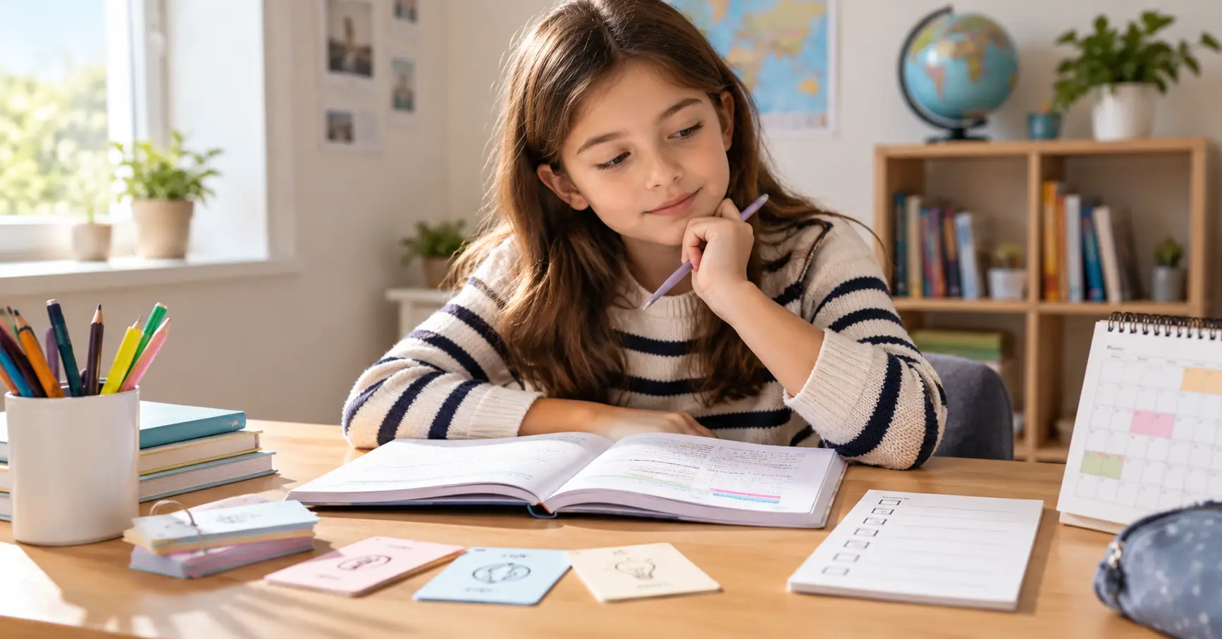 Élève de CM1-CM2 réfléchissant à la méthode de travail la plus adaptée pour apprendre et s’organiser