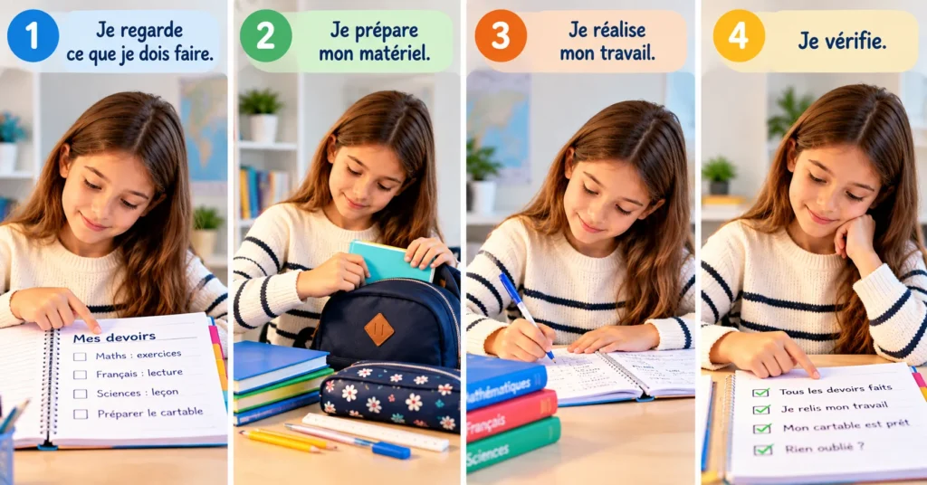 Illustration CM1-CM2 montrant quatre étapes simples pour travailler en autonomie : regarder, préparer, réaliser et vérifier.