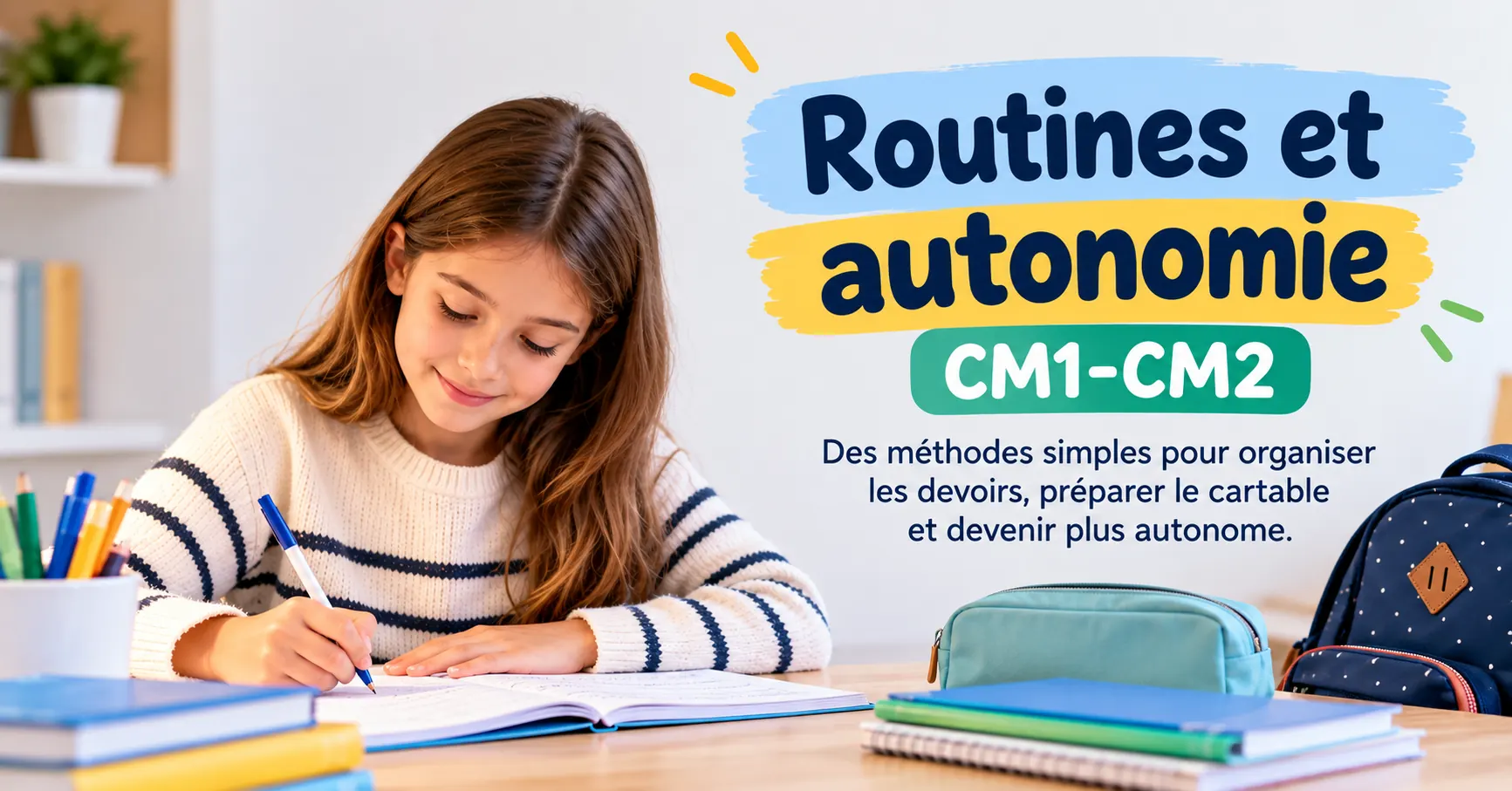 Élève de CM1-CM2 travaillant de façon autonome avec ses cahiers et son cartable