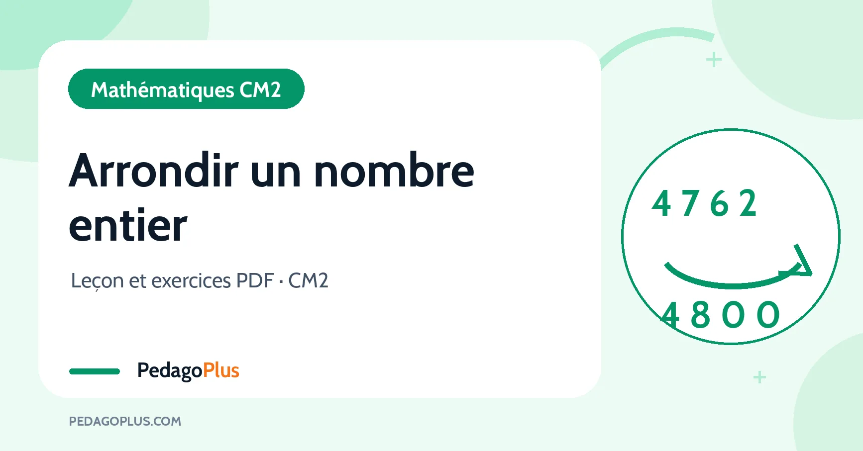 Arrondir un nombre entier au CM2 : illustration avec un nombre et une flèche d’arrondi, sur fond vert clair PedagoPlus.