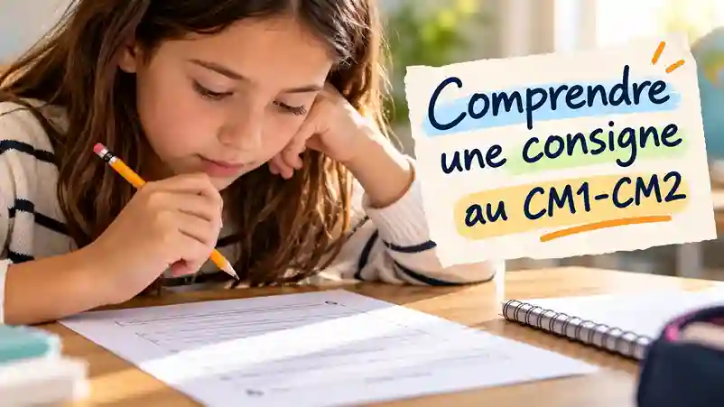 Élève travaillant sur une fiche scolaire avec le titre manuscrit « Comprendre une consigne au CM1-CM2 ».