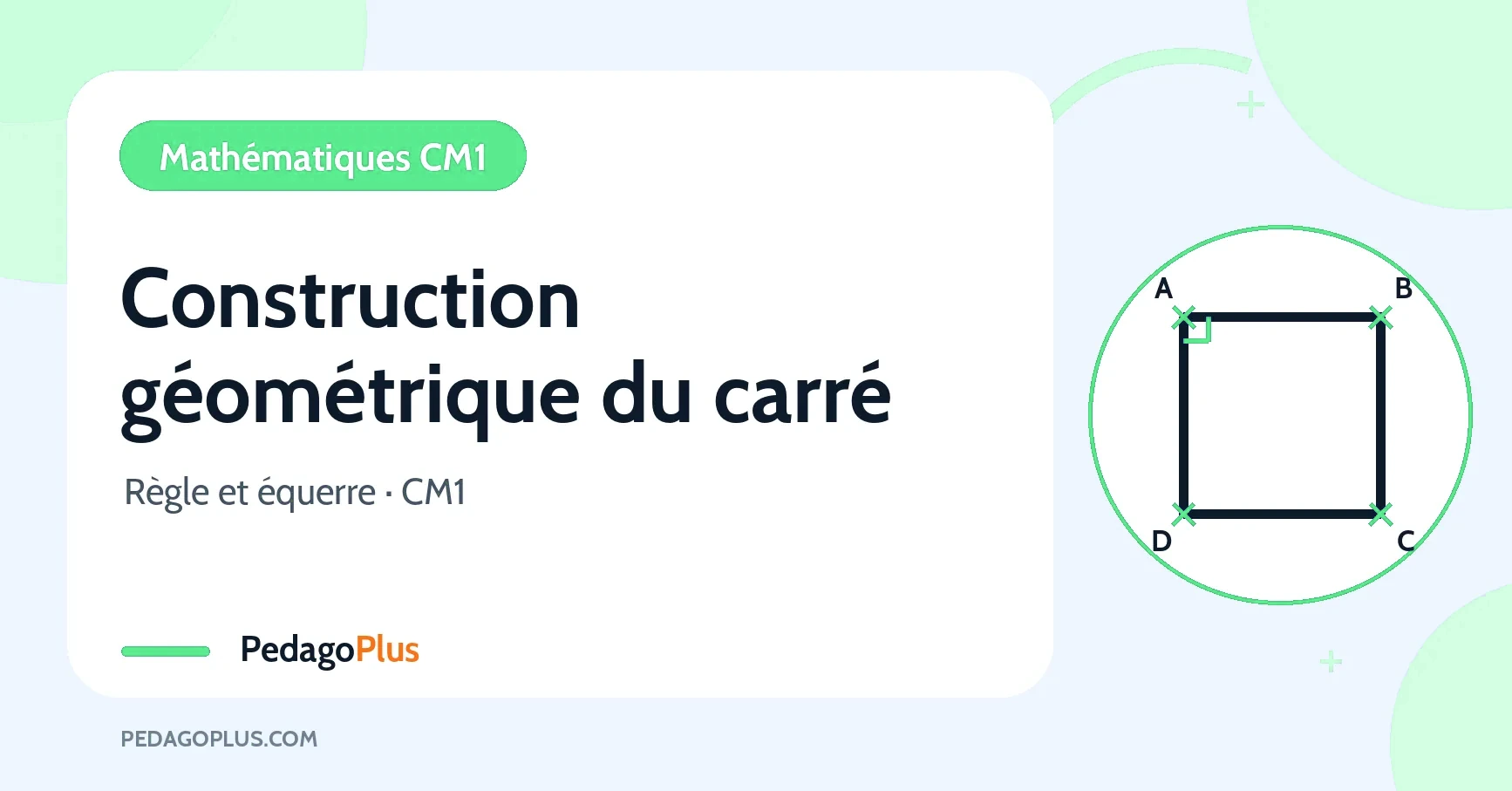 Construction géométrique du carré au CM1 : carré ABCD et angles droits, illustration sur fond vert clair.