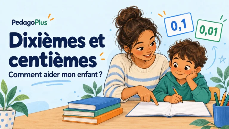 Illustration d’une maman aidant son enfant à comprendre les dixièmes et les centièmes, avec les nombres 0,1 et 0,01.