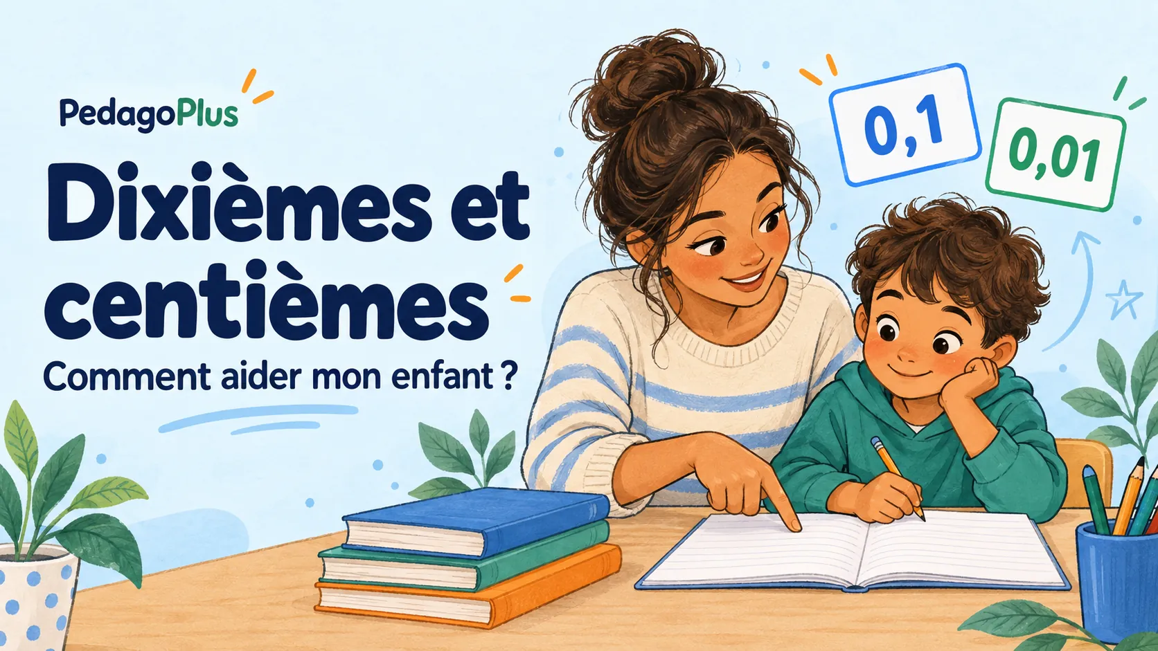 Illustration d’une maman aidant son enfant à comprendre les dixièmes et les centièmes, avec les nombres 0,1 et 0,01.
