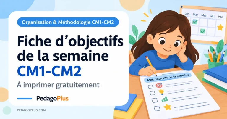 Illustration d’une élève remplissant sa fiche d’objectifs de la semaine CM1-CM2 avec un planning hebdomadaire.