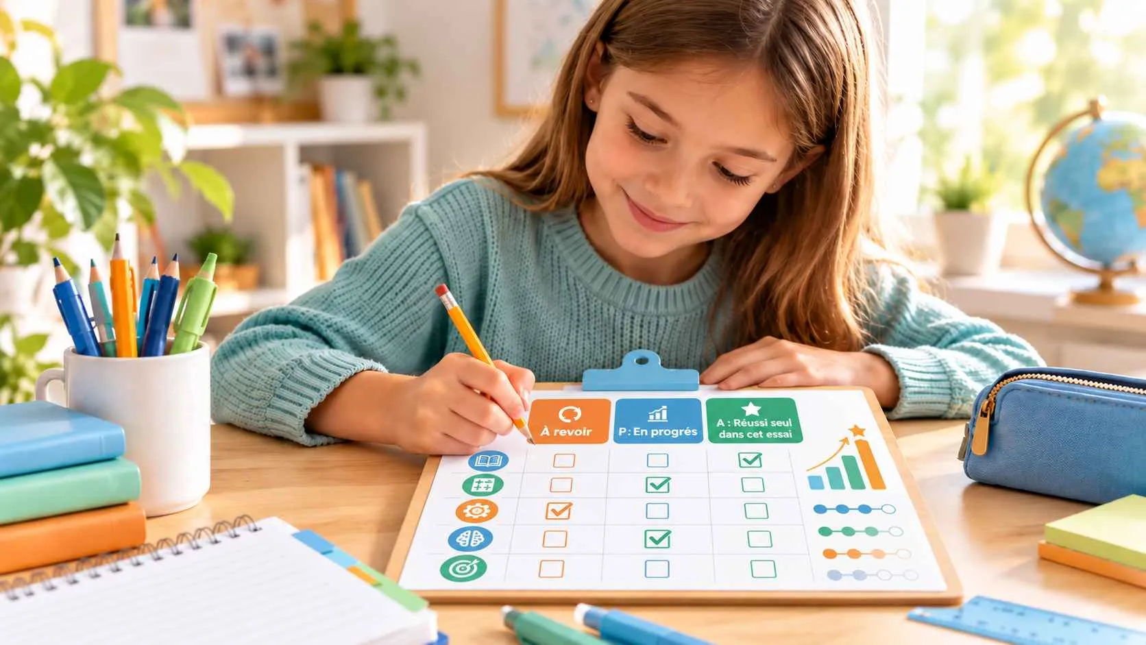 Élève de primaire remplissant son tableau de suivi des progrès avec les niveaux À revoir, En progrès et Réussi seul.
