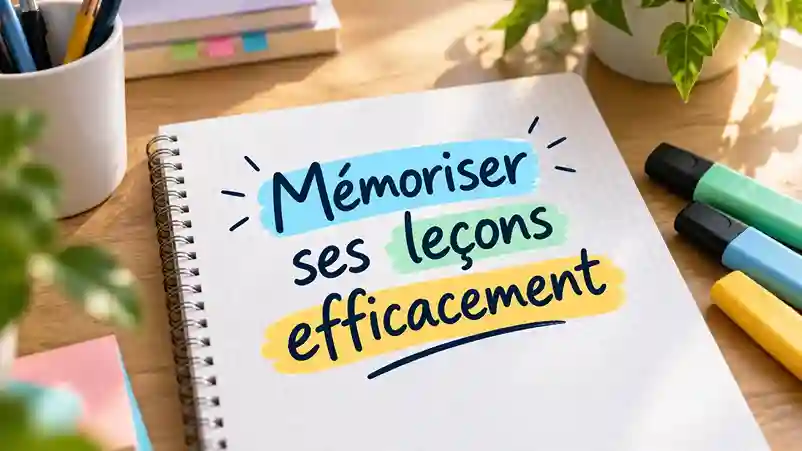 Cahier à carreaux avec le titre manuscrit « Mémoriser ses leçons efficacement » et des surligneurs colorés.