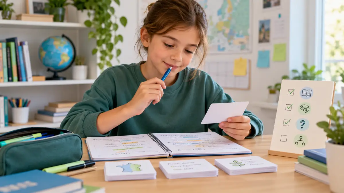 Élève de CM1-CM2 utilisant des cartes de questions-réponses pour mémoriser et réviser efficacement ses leçons.