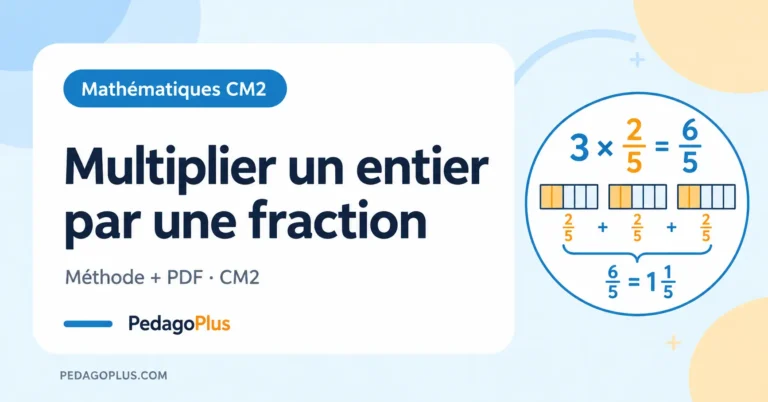 Illustration PedagoPlus de mathématiques CM2 montrant comment multiplier un entier par une fraction, avec l’exemple 3 × 2/5 = 6/5.
