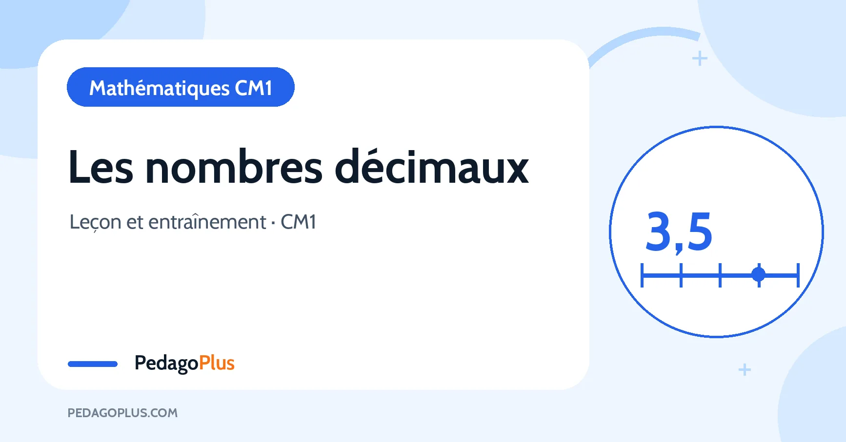 Les nombres décimaux au CM1 : nombre 3,5 et droite graduée dans une illustration pédagogique bleue.
