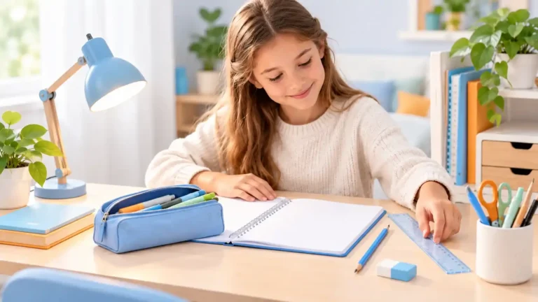 Élève de primaire souriante qui organise son bureau pour faire ses devoirs, avec cahier, règle, trousse et fournitures scolaires.