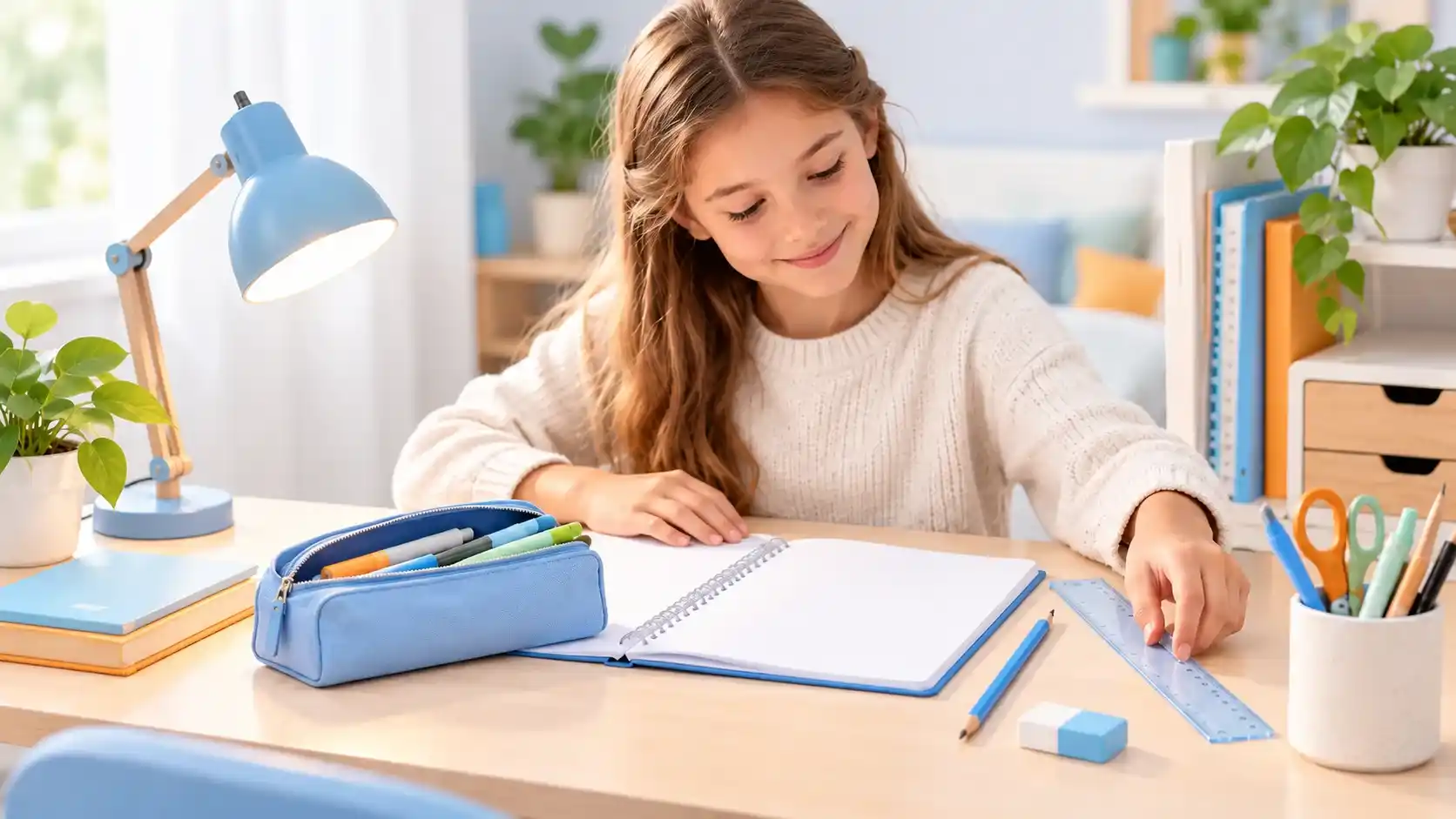 Élève de primaire souriante qui organise son bureau pour faire ses devoirs, avec cahier, règle, trousse et fournitures scolaires.