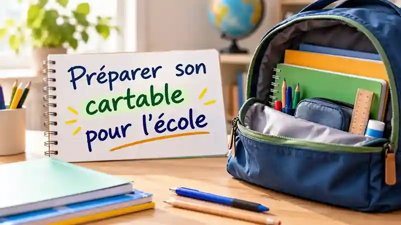 Cartable scolaire bleu ouvert avec cahiers, crayons et matériel pour préparer ses affaires avant l’école.