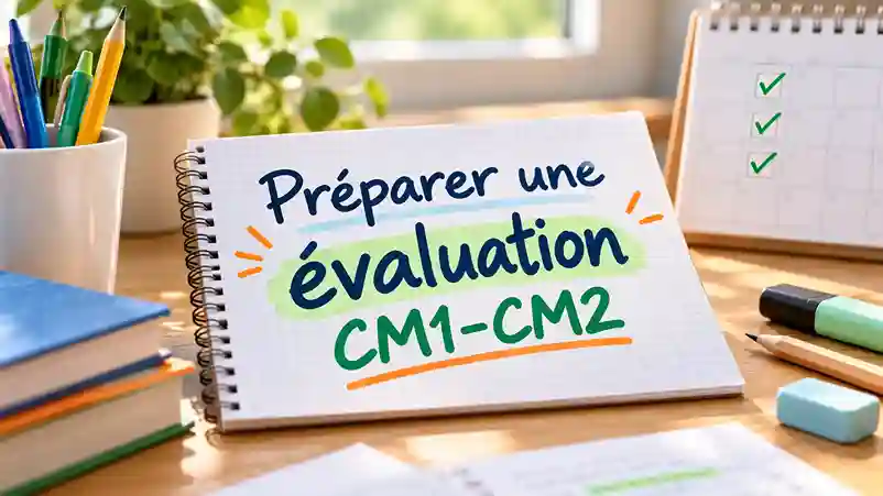 Cahier de révision portant le titre manuscrit « Préparer une évaluation CM1-CM2 », avec calendrier et fournitures scolaires.