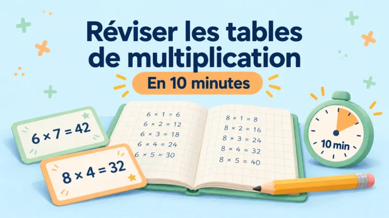 Réviser les tables de multiplication en 10 minutes : cahier de calcul, cartes de multiplication et minuteur.