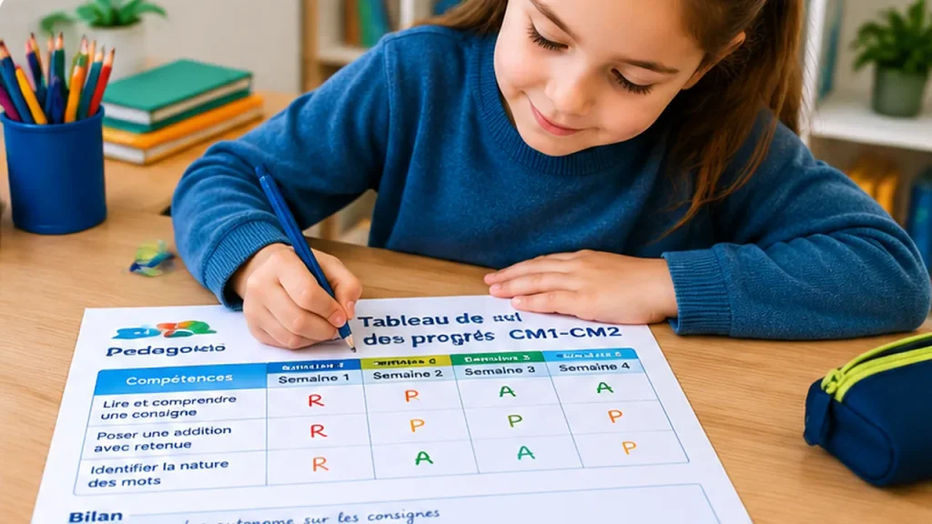 Élève de CM1-CM2 remplissant son tableau de suivi des progrès scolaires sur quatre semaines avec les codes R, P et A.
